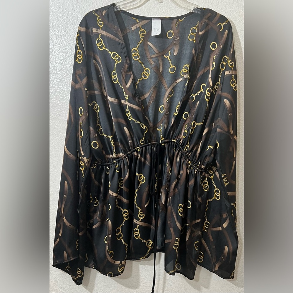 Black Gold and Brown Chain Print Front Tie Pull-On with Bell Sleeves size 3X